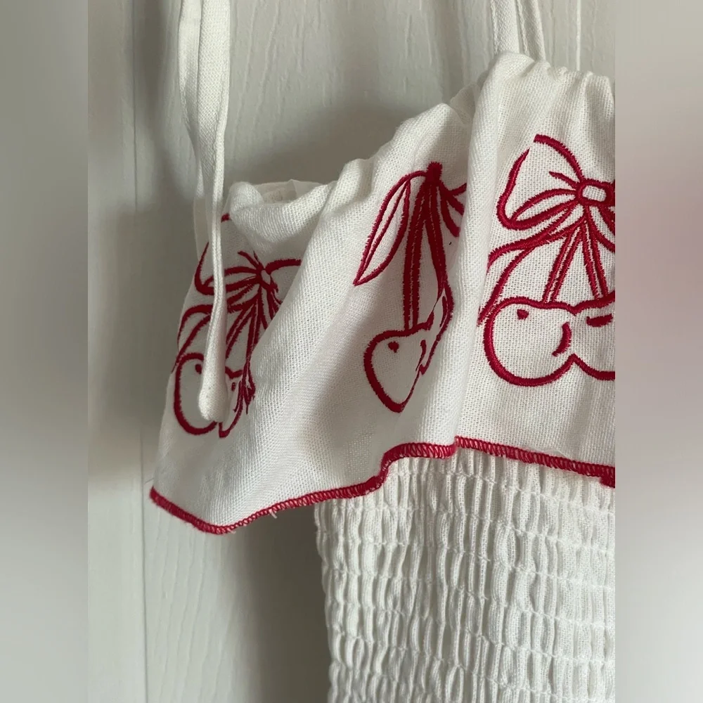 Embroidered Linen Midi Dress M Red White Countryside Cottage Classic Feminine - Picture 5 of 17